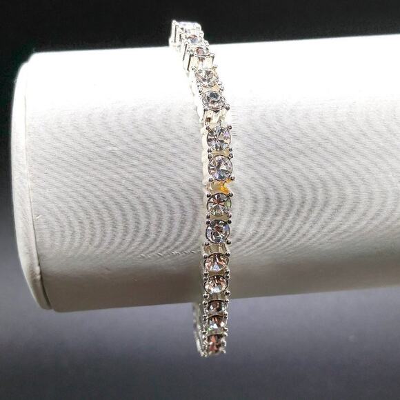 CZ Rhinestone Tennis Style Bracelet, Silver Tone, 7 1/4 Inches - Picture 1 of 7